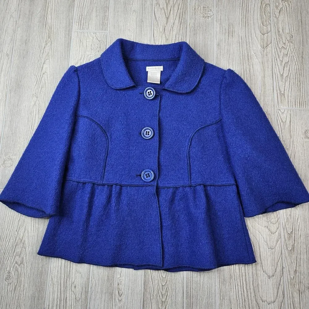 Worthington Jacket Womens Medium Blue Wool Blend Button Peplum Short Sleeve Coat